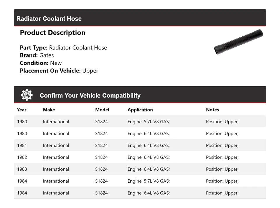 Manguera de refrigerante de radiador International S1824 1980-1984 puertas superiores 1981 1982 Foto 2 de 4