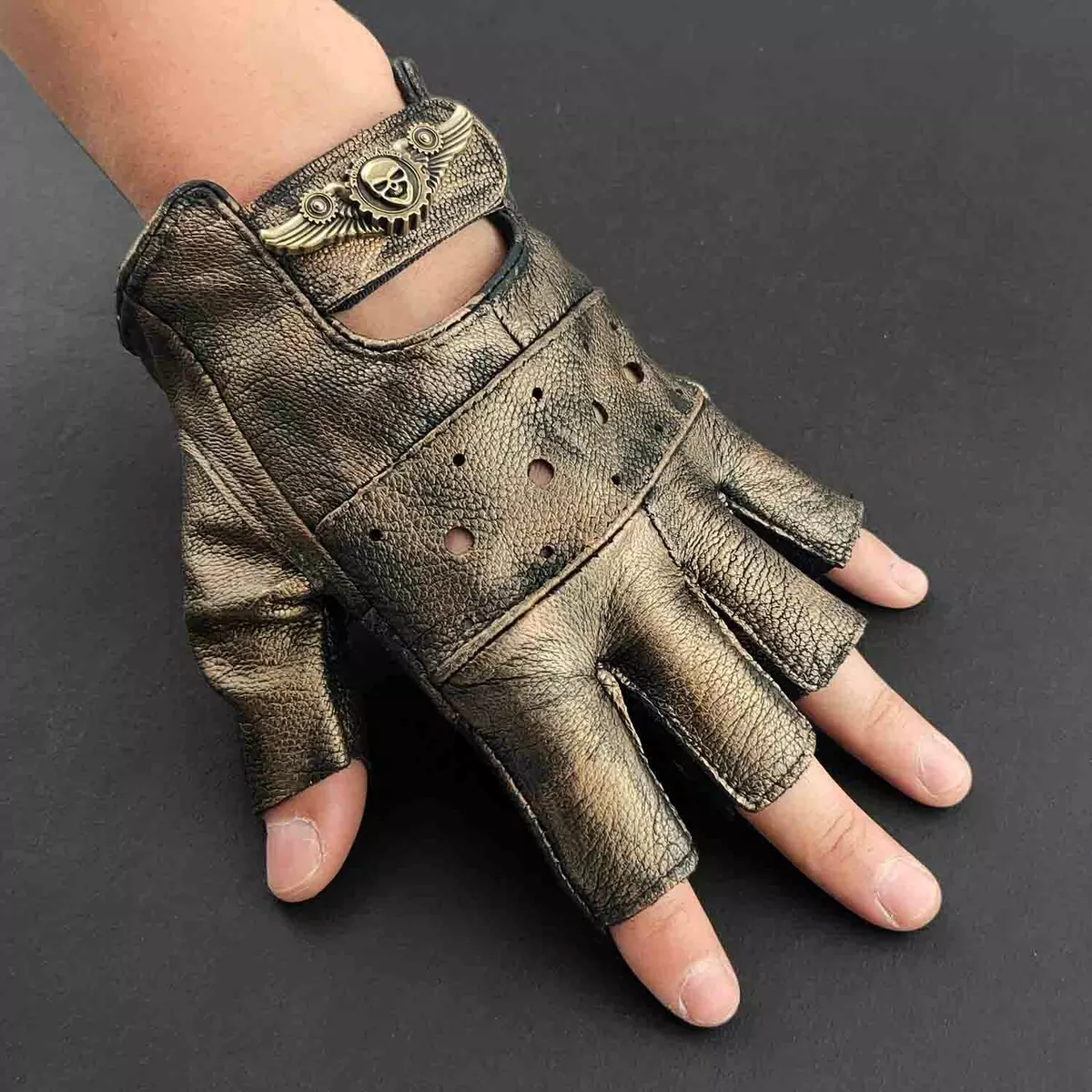 Retro Gold Leather Gloves Steampunk Fingerless Gloves Men Cosplay Costume  Props