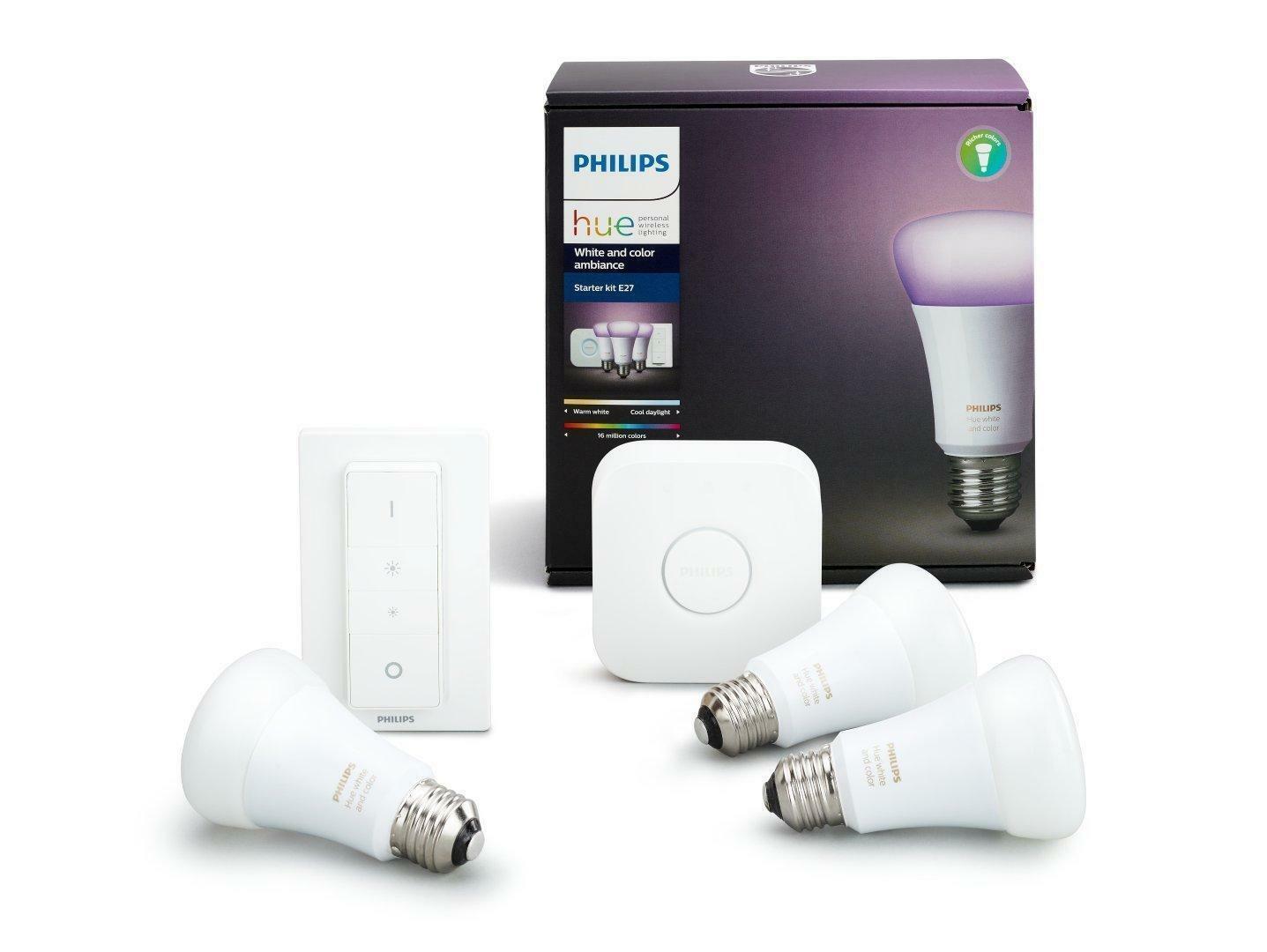 PHILIPS HUE WHITE AND COLOR AMBIANCE STARTER KIT 3 LAMPADINE 1 BRIDGE 1 TELECOMA