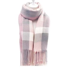Womens Warm Plaid Scarf Pink Gray White Checkered Fringe Scarf Shawl Wrap