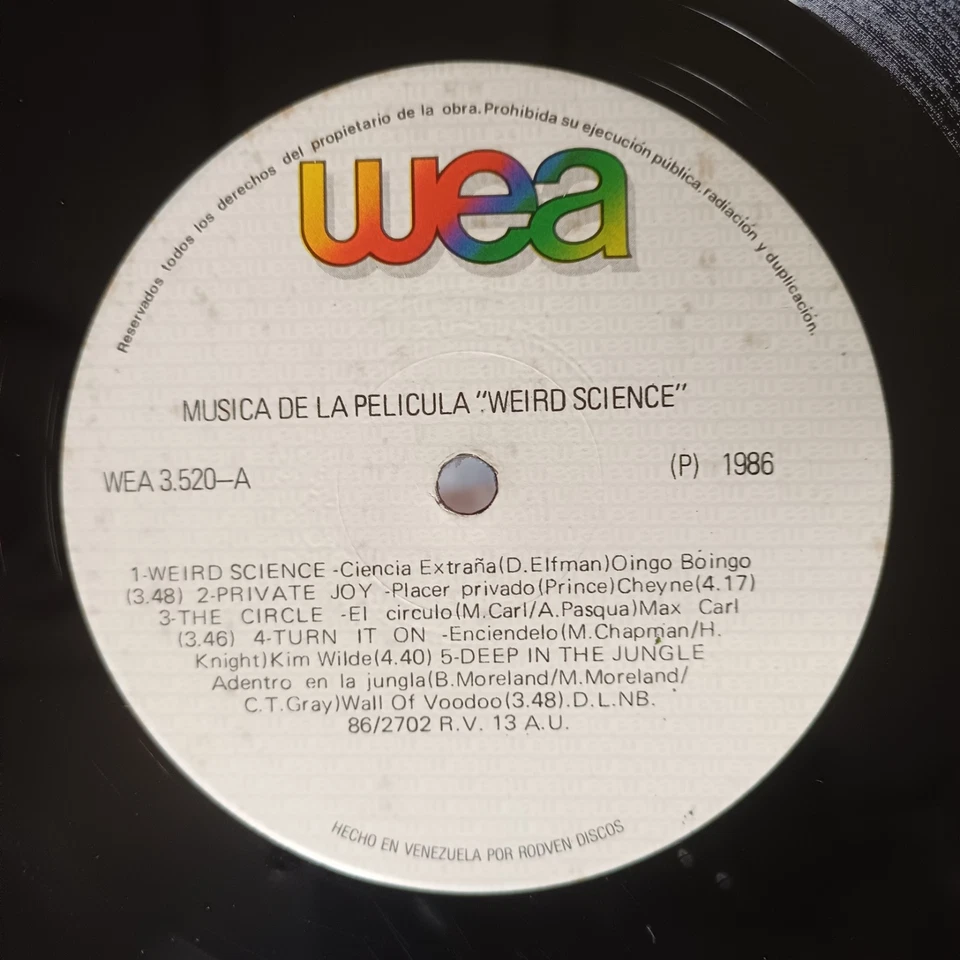 Musica De La Pelicula Weird Science [1986] Vinyl LP Electronic New Wave WEA Rare - Image 3 of 4