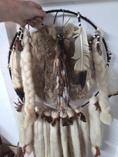 Vintage Dream Catcher Native American Real Fur Wool Feathers Beaded Large 24 In