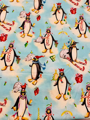 DEBBIE TAYLOR-KERMAN PENGUIN XMAS COTTON FABRIC IGLOO CANDY CANE 1/2 Y X 42 CUTE