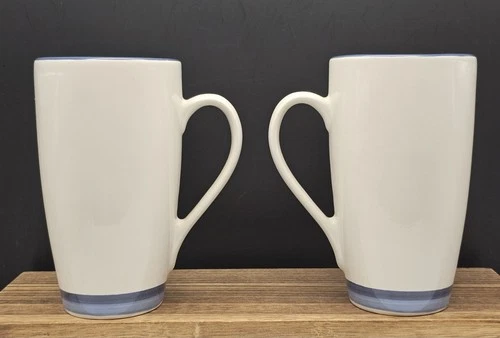 Vintage Set of 2 Pfaltzgraff White /Blue Stripe Tall Coffee/Tea Latte Mugs USA