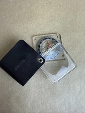 Eddie Bauer Pocket Map Compass w Magnifier 2" x 2" Leather Sheath Hiking Camping