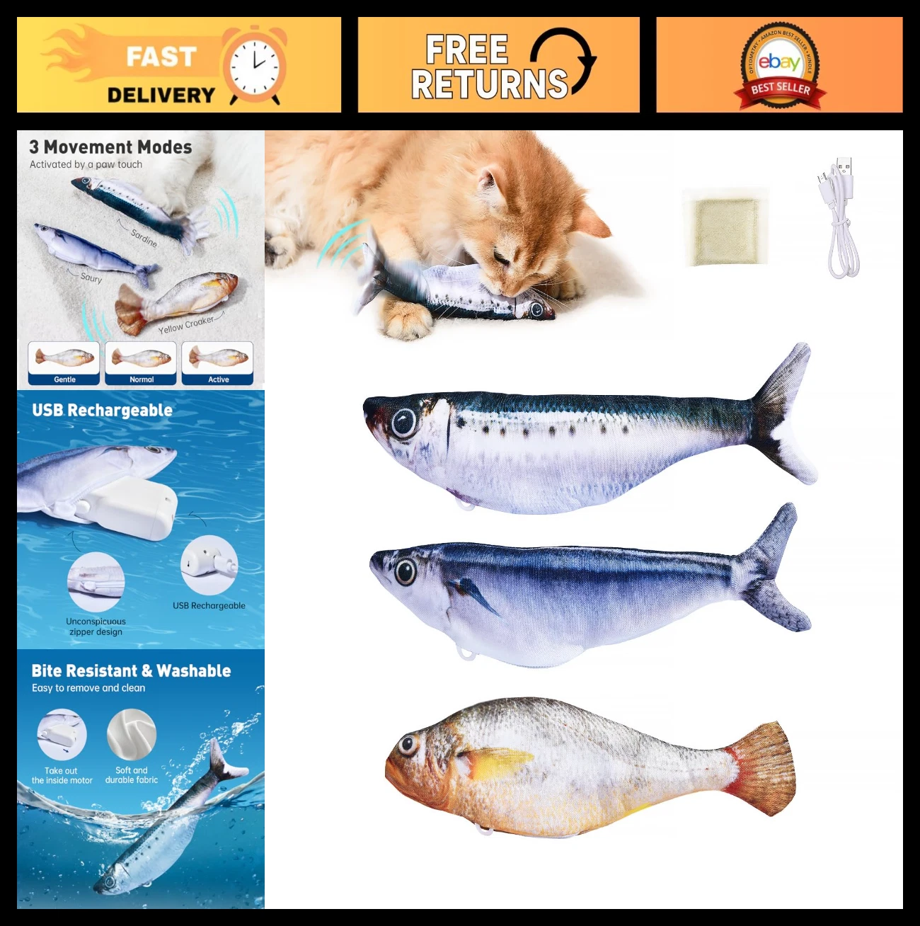 Interactive Flopping Fish Cat Toys - 3 Pack, Realistic Tap-Activated, Rechargeab
