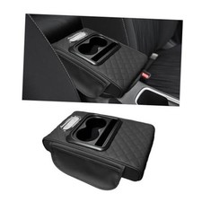 Car Center Console Armrest Pillow, Leather Arm Rest Cover Pad Embroidered Black