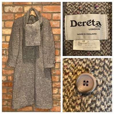 Vintage Dereta Tweed Mantel mit integriertem Schal Gr. UK 10 Made In England