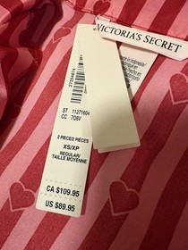 Victoria's Secret Satin Pajama Set XS Red Pink Striped Heart Button Collared