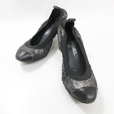 Chanel Pumps Ballet Shoes Chunky Heel Coco Mark Black 37C Ladies