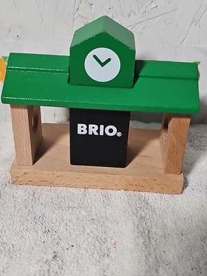 BRIO Wooden Toys - Bus Stop / Train Depot Painted Clock & Green Roof Decor