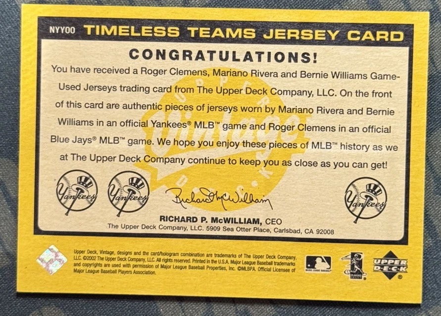 2002 UD винтажный янки вне времени команды Джерси карта Clemens, Rivera, Williams нашивка - Изображение 2 из 4