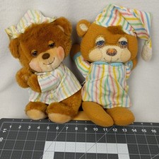 VTG Fisher Price Pair Teddy Beddy Bear Bedtime Plush Striped Pjs Nite Cap
