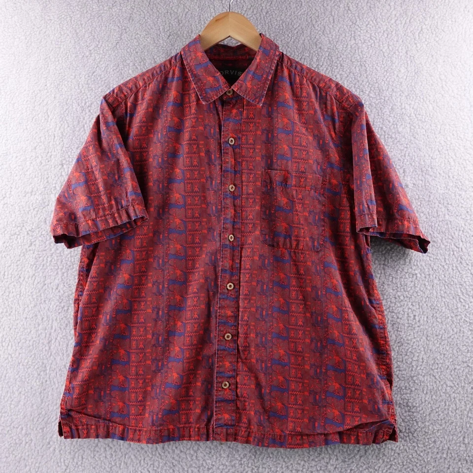 ORVIS Mens Large Red Blue Tribal Aztec Hawaiian Short Sleeve Button Up Shirt - Image 2 of 4