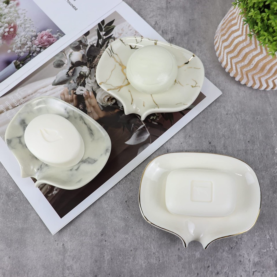 Solted Pipe White Soap Dish Ceramic Self Draining Soap Dish Waterfall Slot Gold ...