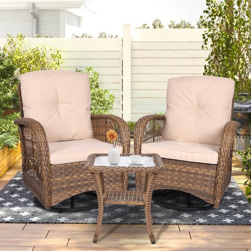 3 PCs Patio Wicker Conversation Bistro Set Rattan Gliding Rocking Swivel Chairs - Picture 5 of 32