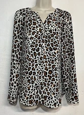 Talbots Medium Blouse Brown White Animal Print Long Sleeve V-Neck Top
