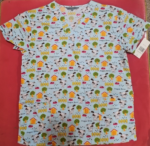 New Medical Uniform Scrubs Top Blue Doggie Bone Puppy Apple Tree V-neck Pockets - Picture 9 of 21