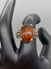 Vintage Sterling Silver 925 Big Cognac Amber  Marcasite Stunning Ring Size 7.75