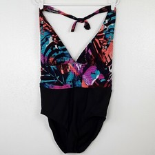 Aqua Green Swimsuit Size XL 16/18 Black Floral Color Gathered Waist One Piece