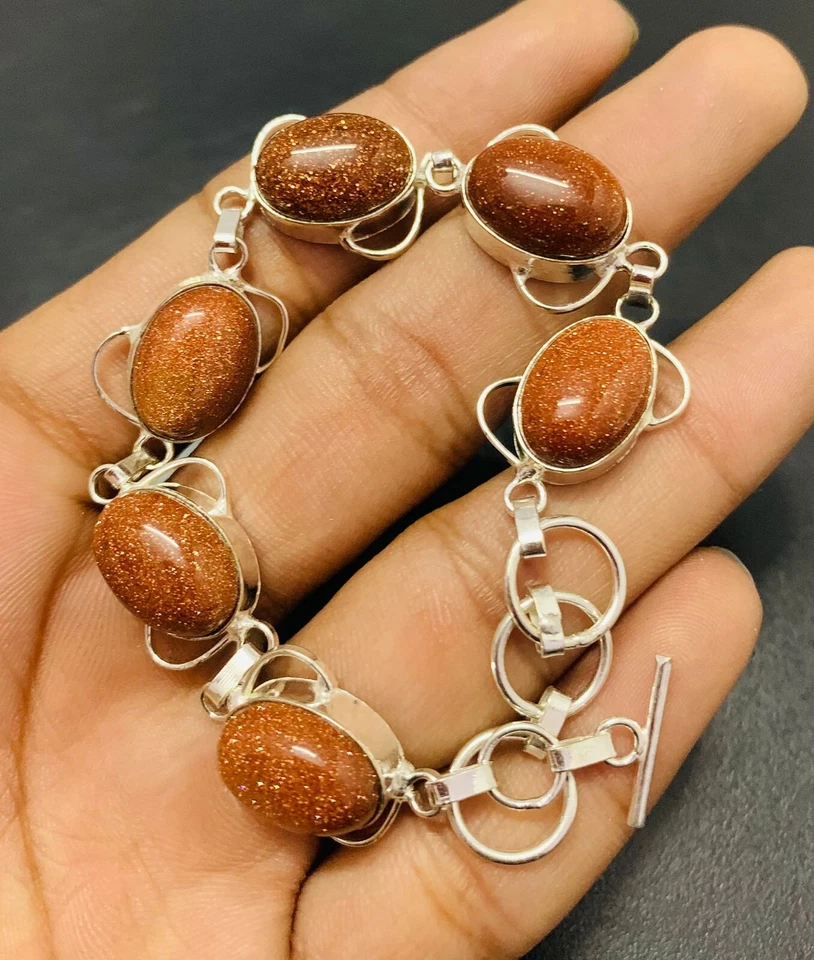 Red Sunstone Gemstone 925 Sterling Silver Handmade Adjustable Bracelet Jewelry - Image 2 of 3