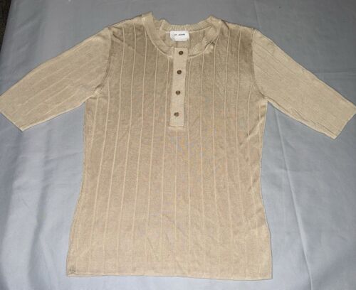 St. John Knit Rayon Ribbed Neutral Top Henley Shirt Large Secretary Designer