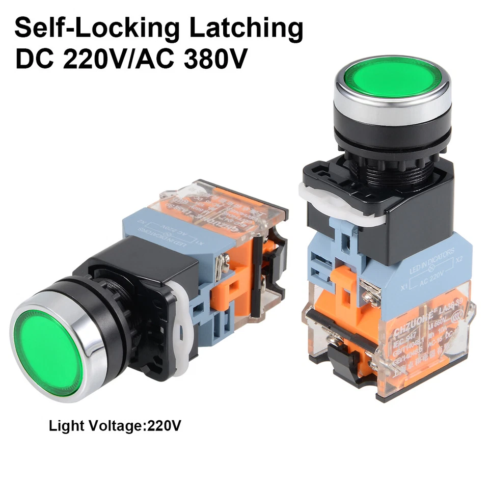 22mm Latching Push Button Switch Green LED Light Round Flat Button 1 NO 1 NC - Image 2 of 3