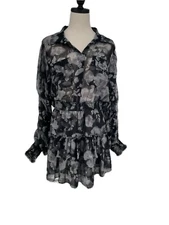 MISA Los Angeles L Black Gray Floral Adora Sheer Chiffon Mini Dress Floral