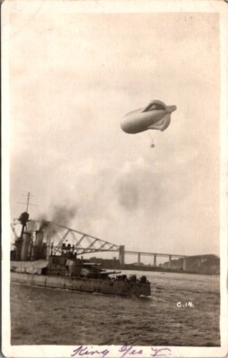 Vintage RPPC Postcard H.M.S. King George V and Airship Zeppelin Dirigible  13049
