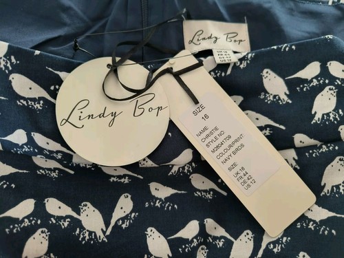 LINDY BOP CHRISTIE NAVY BLUE & WHITE BIRDS VINTAGE 50s BARDOT DRESS SIZE 16 - Picture 4 of 10