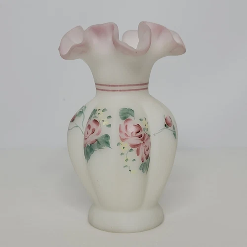 Fenton Satin White Pink Glass Ruffled Hand Painted Rose Melon Vase Signed
