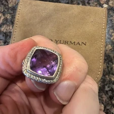DAVID YURMAN 17  MM ALBION AMETHYST & Diamond Ring sterling silver  size 7
