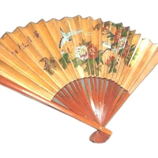 VTG Large Hand Painted Folding Fan, Asian Bird Floral Scene, Bamboo 35" X 56"