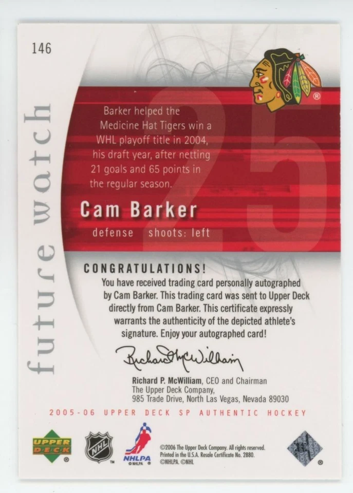 2005-06 SP AUTHENTIC Cam Barker FUTURE WATCH RC ROOKIE AUTO /999 - Image 2 of 2