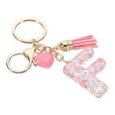 Initial Letter Keychain, Letter F Heart Design Charm with Tassels, Pink