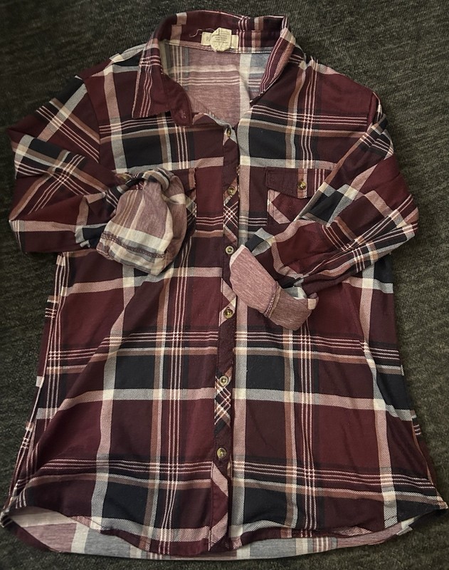Passport Girls 12 Burgundy Plaid Collared Long Sleeve Button-Up Shirt Poly