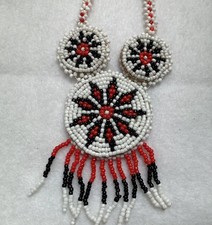 Vintage Handmade Medallion Beaded Native American Necklace 23  Leather Backing.