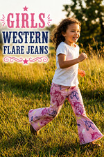Girls Pink Horse Print Bell Bottom Jeans Western Cowgirl Flare Pants