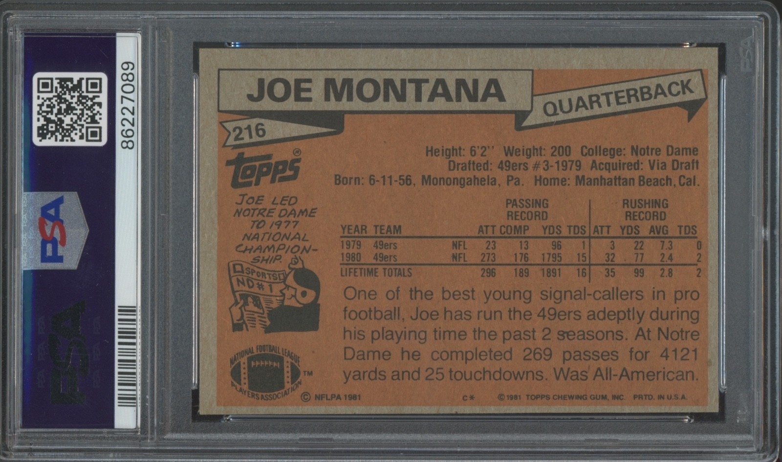 1981 Topps Football #216 Joe Montana RC Rookie NM-MT PSA 8 view 2