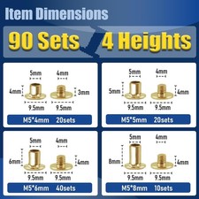 90 Sets Gold Chicago Screws Leather Rivets Kit, 4 Sizes M5 4,5,6,8  2 Screw L