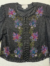 Vintage Laurence Kazar Silk Beaded Jacket Black Floral Embellished Top Size L