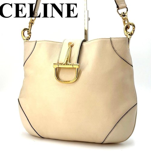 CELINE Leather One Shoulder Bag Off White Horsebit Hobo Purse Handbag Tote Women