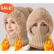 Winter Knit Hat Fleece Lining Ear Flaps - 3-in-1 Beanie Scarf Mask for Women