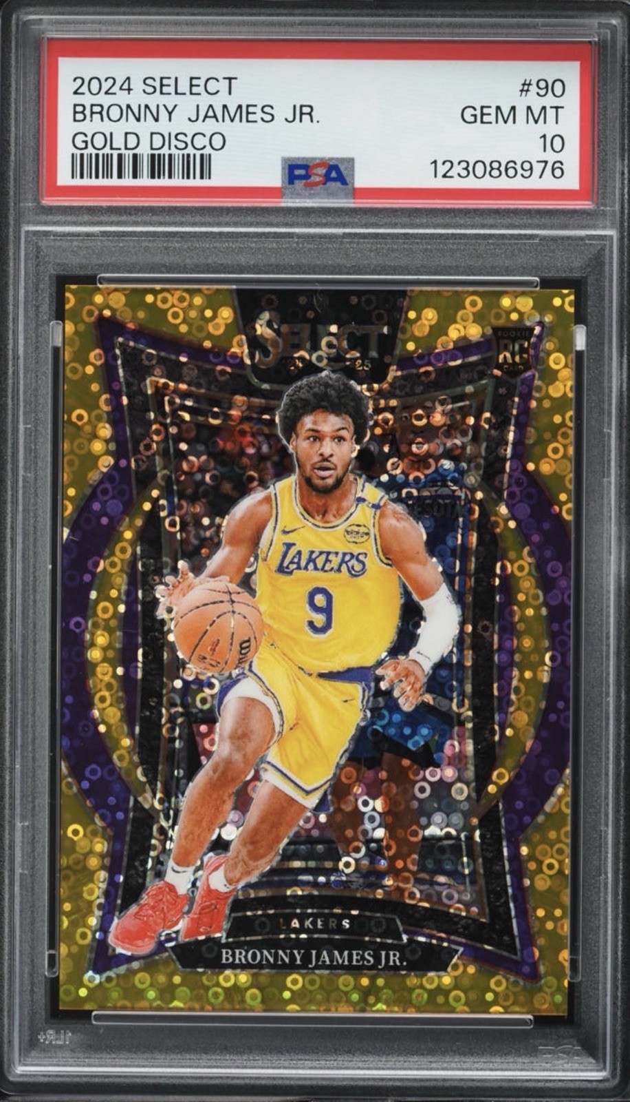 Panini 2024-25 Select Bronny James Jr. Lakers Gold Disco Prizm #90 /10 RC PSA 10