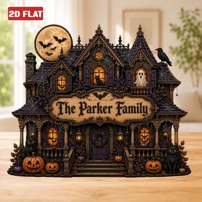 Personalized Haunted House Halloween Wood Block 2D FLAT Autumn Moom Ghost Pumpki