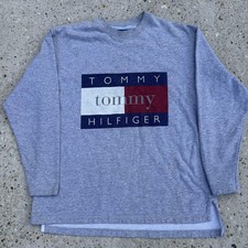 Tommy Hilfiger Sweatshirt Mens Medium Gray Crewneck Big Flag Logo Long Sleeve