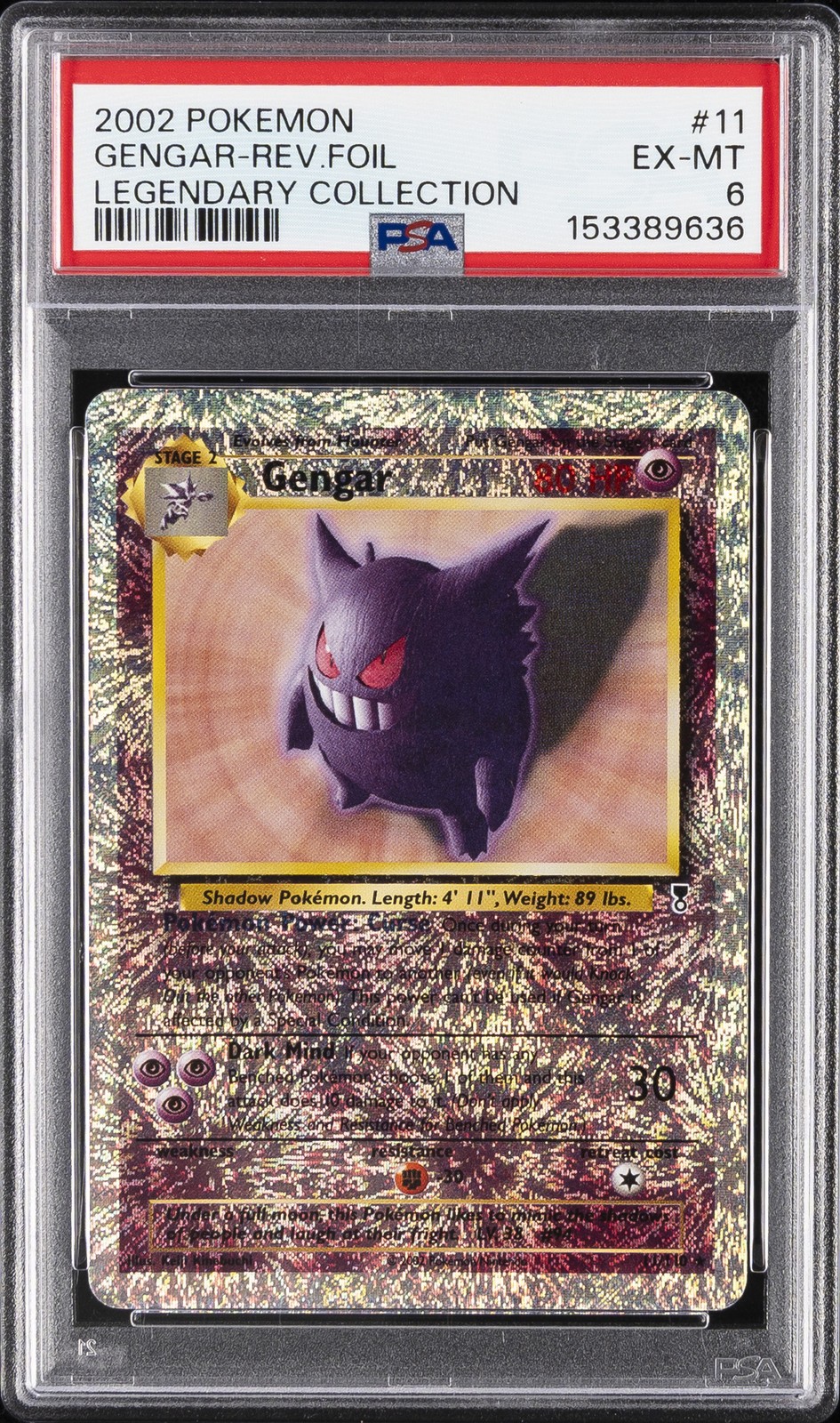 2002 POKEMON LEGENDARY COLLECTION #11 GENGAR-REVERSE FOIL PSA 6