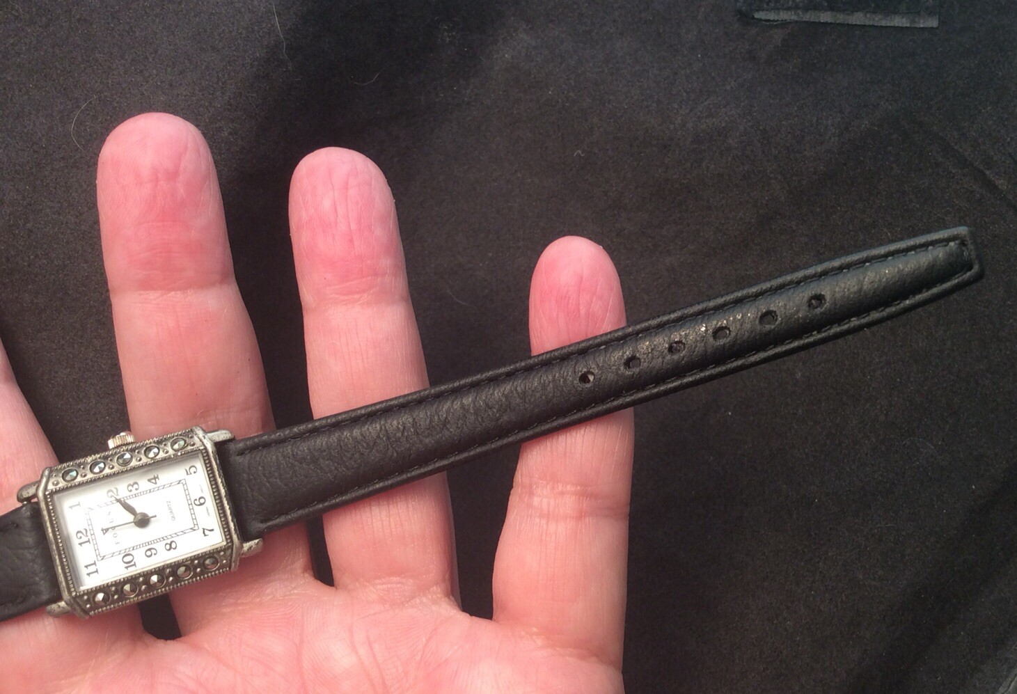 Vintage Focus Silver Tone Marcasite Ladies Quartz Watch With Leather