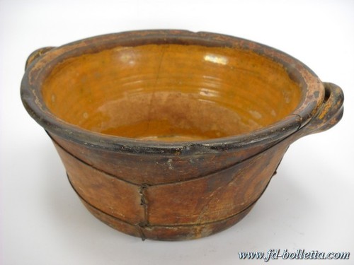 Tegame antico,vecchia ciotola terracotta da cucina,terrina antica smaltata a87 - Foto 2 di 7