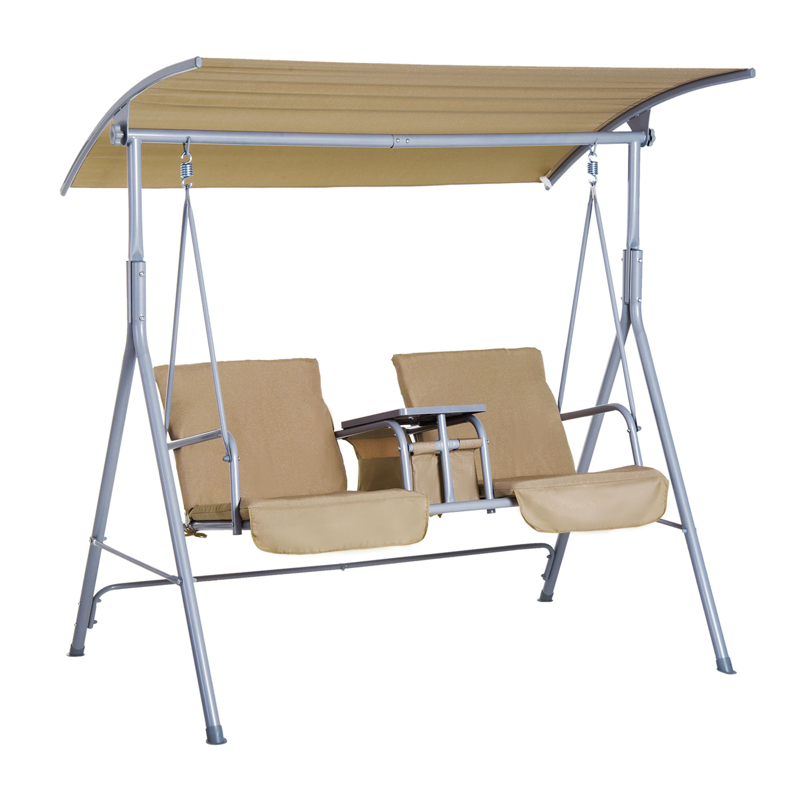 Columpio de patio cubierto Outsunny para 2 personas con mesa giratoria y consola de almacenamiento beige